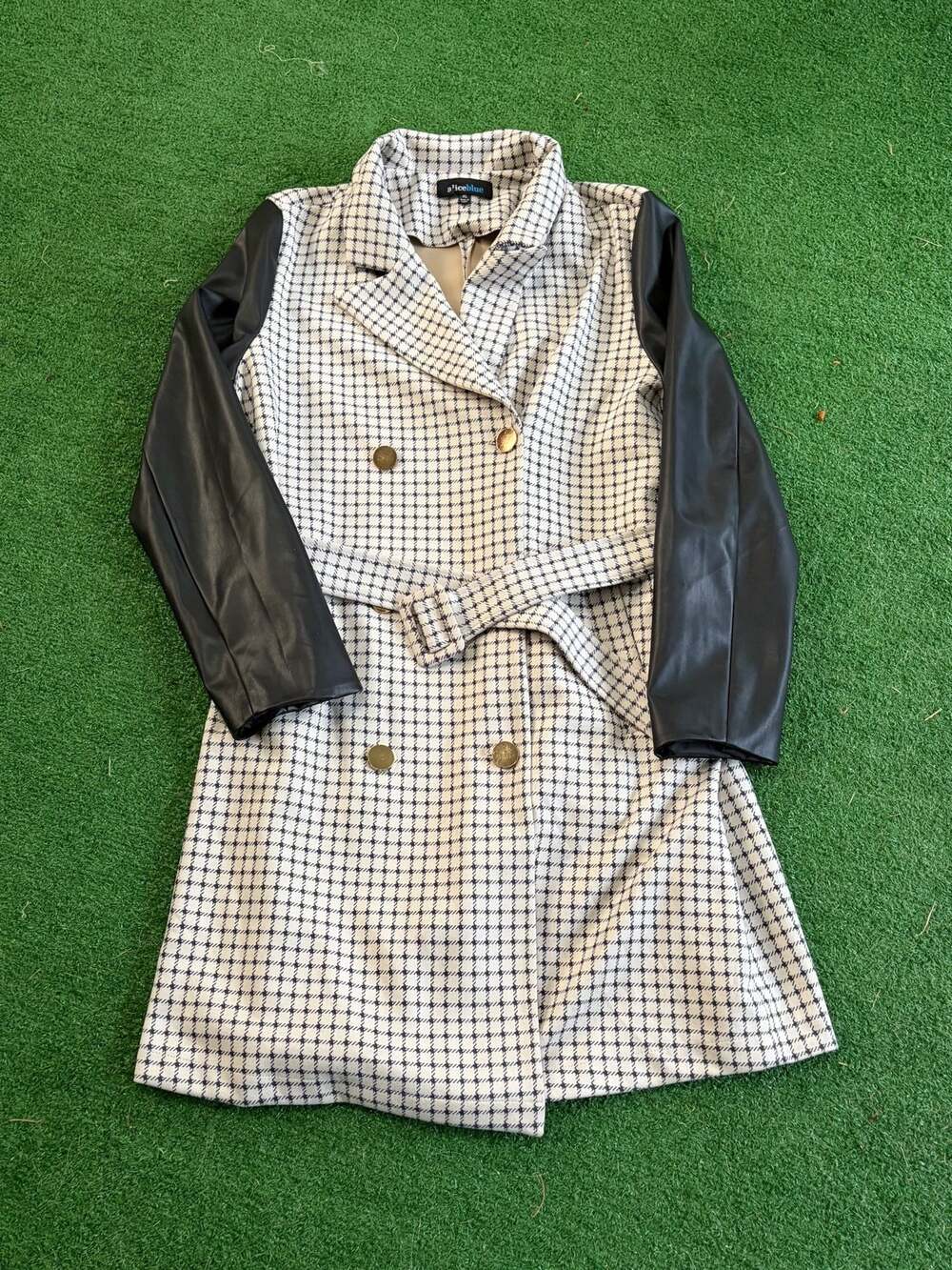 aliceblue Mixed Media Double-Breasted Plaid Trench Coat with Faux Leather Sleeve